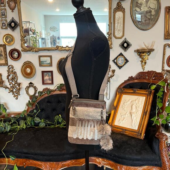 Vintage Y2K Juicy Couture Terry Cloth Crossbody Bag Gray Striped with Pom Pom - Picture 1 of 5